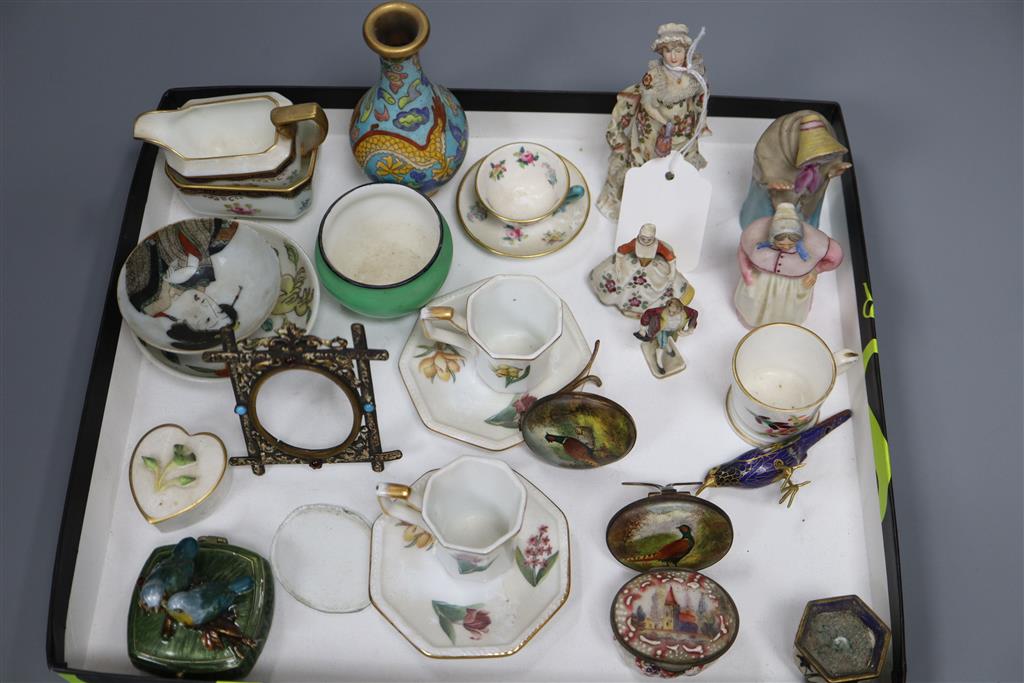 Two Royal Worcester extinguishers, mixed miniature ceramics, photo frame etc